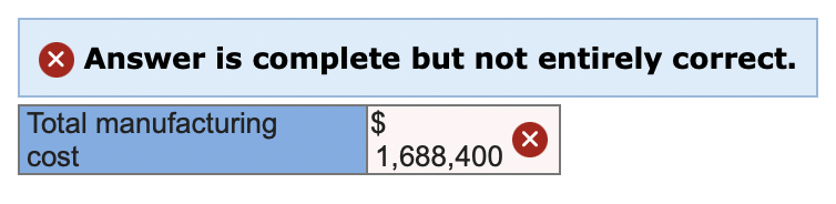 X Answer is complete but not entirely correct.
Total manufacturing
$
| 1,688,400
cost
