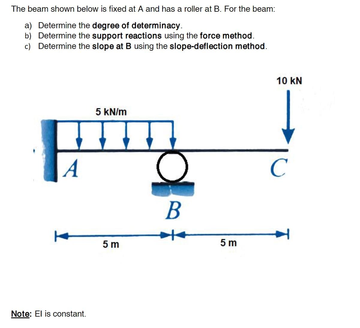 The beam shown below is fixed at A and has a roller at B. For the beam:
a) Determine the degree of determinacy.
b) Determine the support reactions using the force method.
c) Determine the slope at B using the slope-deflection method.
5 kN/m
H
A
Note: El is constant.
5 m
B
5 m
10 KN
C