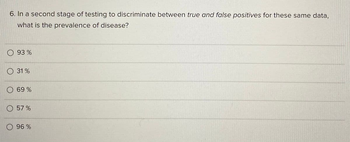 6. In a second stage of testing to discriminate between true and false positives for these same data,
what is the prevalence of disease?
O 93 %
O 31 %
O 69 %
O 57 %
O 96 %
