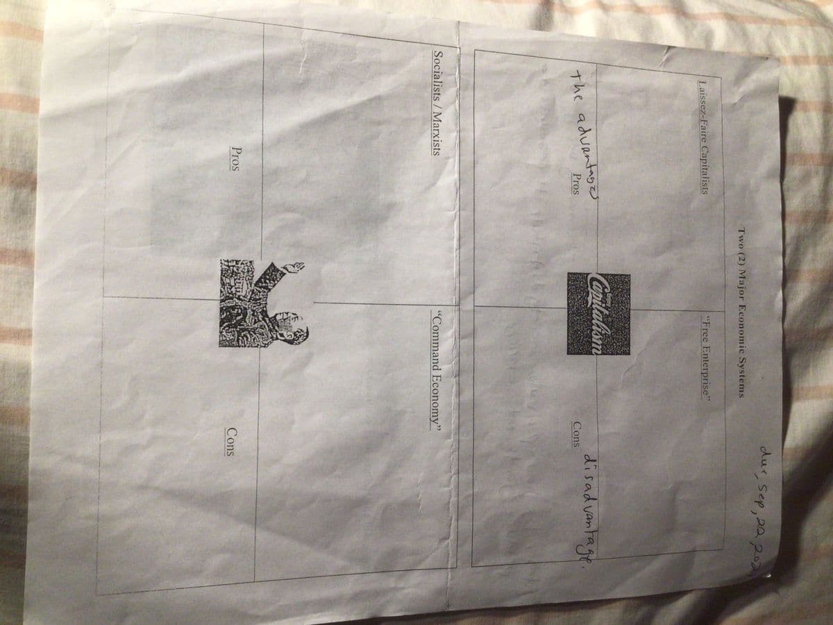 due Sep, 22 202
Two (2) Major Economic Systems
Laissez-Faire Capitalists
"Free Enterprise"
Enjoy
the advantag
Pros
Cocaitalism
disad vantage.
Cons
Socialists /Marxists
"Command Economy"
Pros
Cons
