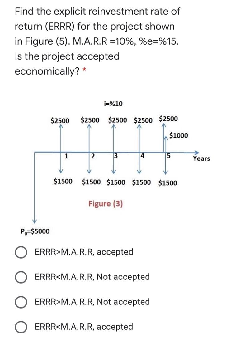 Find the explicit reinvestment rate of
return (ERRR) for the project shown
in Figure (5). M.A.R.R =10%, %e=%15.
Is the project accepted
economically? *
i=%10
$2500
$2500 $2500 $2500 $2500
$1000
3
4
15
Years
$1500 $1500 $1500 $1500 $1500
Figure (3)
Po=$5000
ERRR>M.A.R.R, accepted
ERRR<M.A.R.R, Not accepted
ERRR>M.A.R.R, Not accepted
ERRR<M.A.R.R, accepted
