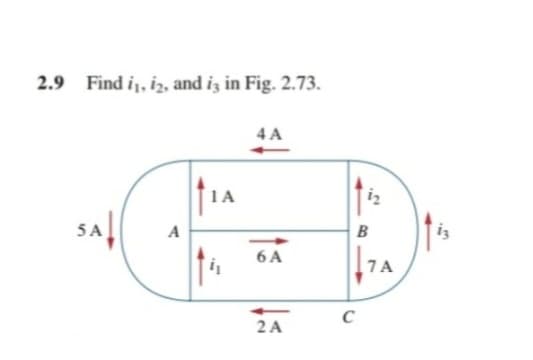 2.9 Find 1₁, 12, and i3 in Fig. 2.73.
5A
A
1A
4 A
6 A
2 A
1₂
B
C
7A