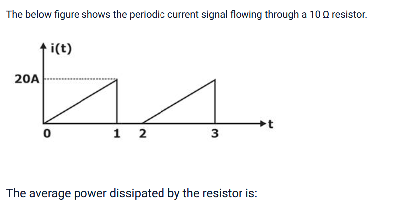 The below figure shows the periodic current signal flowing through a 10 Q resistor.
20A
i(t)
0
1 2
3
The average power dissipated by the resistor is:
t