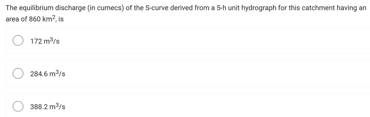 The equilibrium discharge (in cumecs) of the S-curve derived from a 5-h unit hydrograph for this catchment having an
area of 860 km², is
172 m³/s
284.6 m³/s
388.2 m³/s