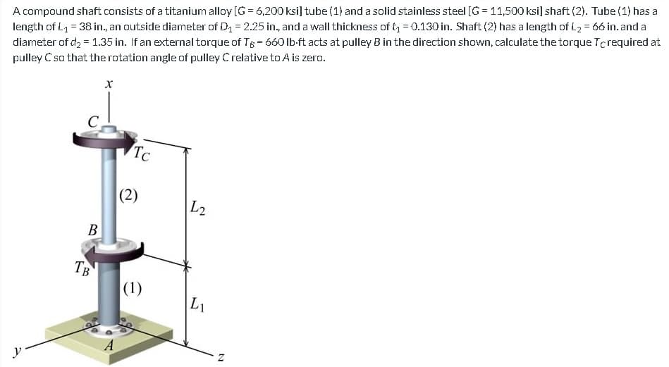 A compound shaft consists of a titanium alloy [G= 6,200 ksi] tube (1) and a solid stainless steel [G= 11,500 ksi] shaft (2). Tube (1) has a
length of L₁ = 38 in., an outside diameter of D₁ = 2.25 in., and a wall thickness of t₁ = 0.130 in. Shaft (2) has a length of L₂ = 66 in. and a
diameter of d₂ = 1.35 in. If an external torque of Tg = 660 lb-ft acts at pulley B in the direction shown, calculate the torque Terequired at
pulley C so that the rotation angle of pulley C relative to A is zero.
B
TB
X
Tc
(2)
(1)
112
L₁
N