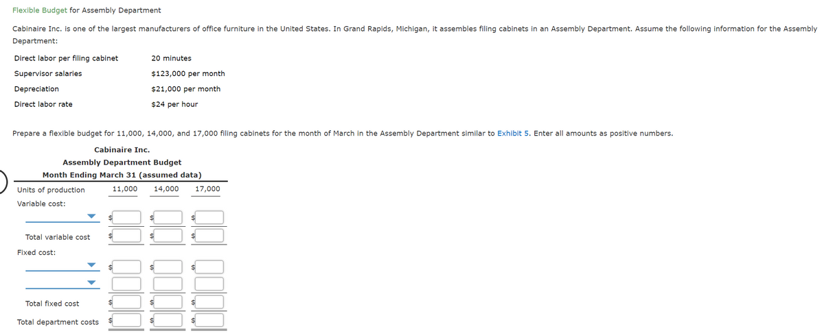 Flexible Budget for Assembly Department
Cabinaire Inc. is one of the largest manufacturers of office furniture in the United States. In Grand Rapids, Michigan, it assembles filing cabinets in an Assembly Department. Assume the following information for the Assembly
Department:
Direct labor per filing cabinet
20 minutes
Supervisor salaries
$123,000 per month
Depreciation
$21,000 per month
Direct labor rate
$24 per hour
Prepare a flexible budget for 11,000, 14,000, and 17,000 filing cabinets for the month of March in the Assembly Department similar to Exhibit 5. Enter all amounts as positive numbers.
Cabinaire Inc.
Assembly Department Budget
Month Ending March 31 (assumed data)
Units of production
11,000
14,000
17,000
Variable cost:
$4
Total variable cost
$
Fixed cost:
$4
$
Total fixed cost
Total department costs
