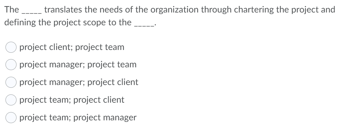 The
translates the needs of the organization through chartering the project and
defining the project scope to the
project client; project team
O project manager; project team
project manager; project client
project team; project client
O project team; project manager
