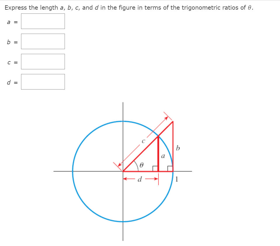 Express the length a, b, c, and d in the figure in terms of the trigonometric ratios of 0.
a
b =
C =
d =
b
a
II
