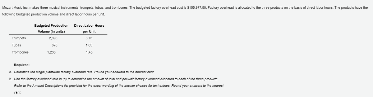 Mozart Music Inc. makes three musical instruments: trumpets, tubas, and trombones. The budgeted factory overhead cost is $155,977.50. Factory overhead is allocated to the three products on the basis of direct labor hours. The products have the
following budgeted production volume and direct labor hours per unit:
Budgeted Production
Direct Labor Hours
Volume (in units)
per Unit
Trumpets
2,090
0.75
Tubas
670
1.65
Trombones
1,230
1.45
Required:
a. Determine the single plantwide factory overhead rate. Round your answers to the nearest cent.
b. Use the factory overhead rate in (a) to determine the amount of total and per-unit factory overhead allocated to each of the three products.
Refer to the Amount Descriptions list provided for the exact wording of the
wer
hoices for text entries. Round your answers to the nearest
cent.
