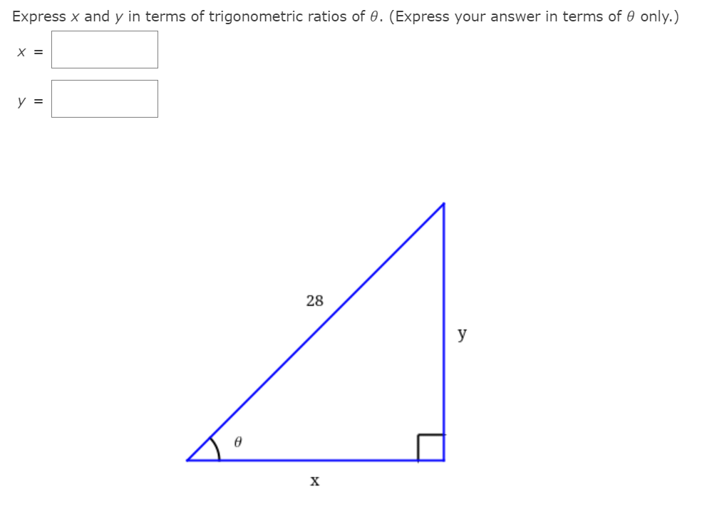 Express x and y in terms of trigonometric ratios of 0. (Express your answer in terms of 0 only.)
X =
y =
28
y
