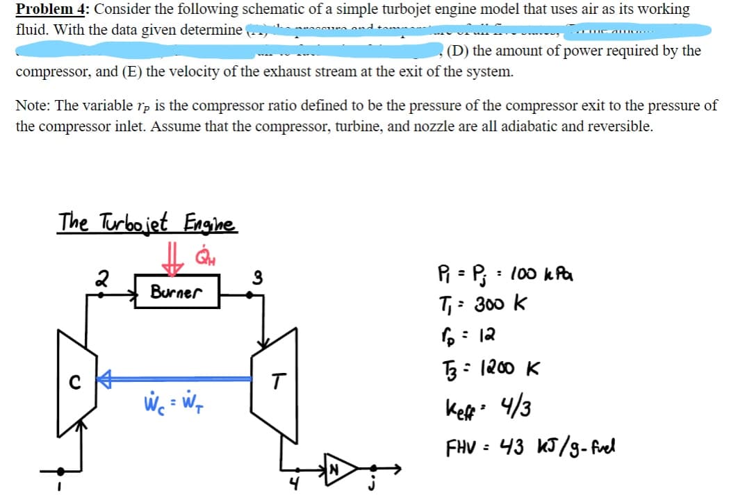 Problem 4: Consider the following schematic of a simple turbojet engine model that uses air as its working
fluid. With the data given determine
(D) the amount of power required by the
compressor, and (E) the velocity of the exhaust stream at the exit of the system.
Note: The variable rp is the compressor ratio defined to be the pressure of the compressor exit to the pressure of
the compressor inlet. Assume that the compressor, turbine, and nozzle are all adiabatic and reversible.
The Turbojet
Engine
2
P = P;
: 100 kPa
Burner
T,: 300 k
6: 12
: (200 K
$/h が
FHV = 43 KJ/g- frel
ト
