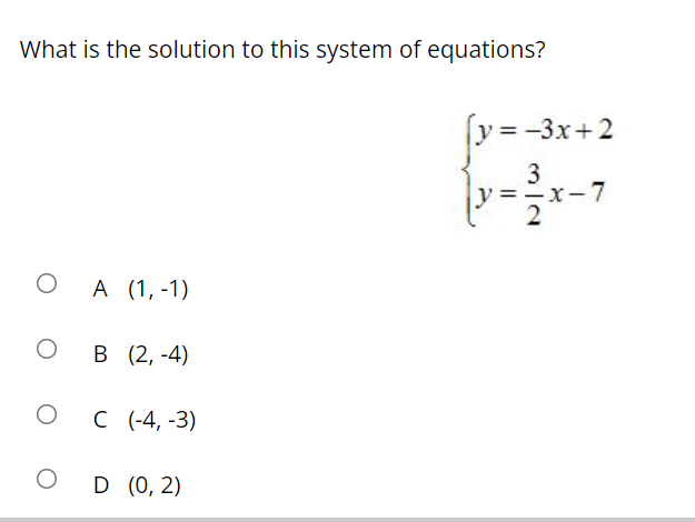 What is the solution to this system of equations?
y = -3x+2
2
O A (1, -1)
В (2, -4)
с (4, -3)
D (0, 2)
II
