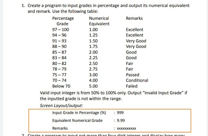 1. Create a program to input grades in percentage and output its numerical equivalent
and remark. Use the following table:
Percentage
Grade
Numerical
Remarks
Equivalent
97 – 100
1.00
Excellent
94 – 96
1.25
Excellent
Very Good
Very Good
91 - 93
1.50
88 – 90
1.75
85 - 87
2.00
Good
83 - 84
2.25
Good
80 - 82
2.50
Fair
78 - 79
2.75
Fair
75 - 77
3.00
Passed
70 - 74
4.00
Conditional
Below 70
5.00
Failed
Valid input integer is from 50% to 100% only. Output "Invalid Input Grade" if
the inputted grade is not within the range.
Screen Layout/output:
Input Grade in Percentage (%)
: 999
Equivalent Numerical Grade
: 9.99
Remarks
: XXXXXXXXXX
Create a program to input not more than four digit integer and display ho w many
