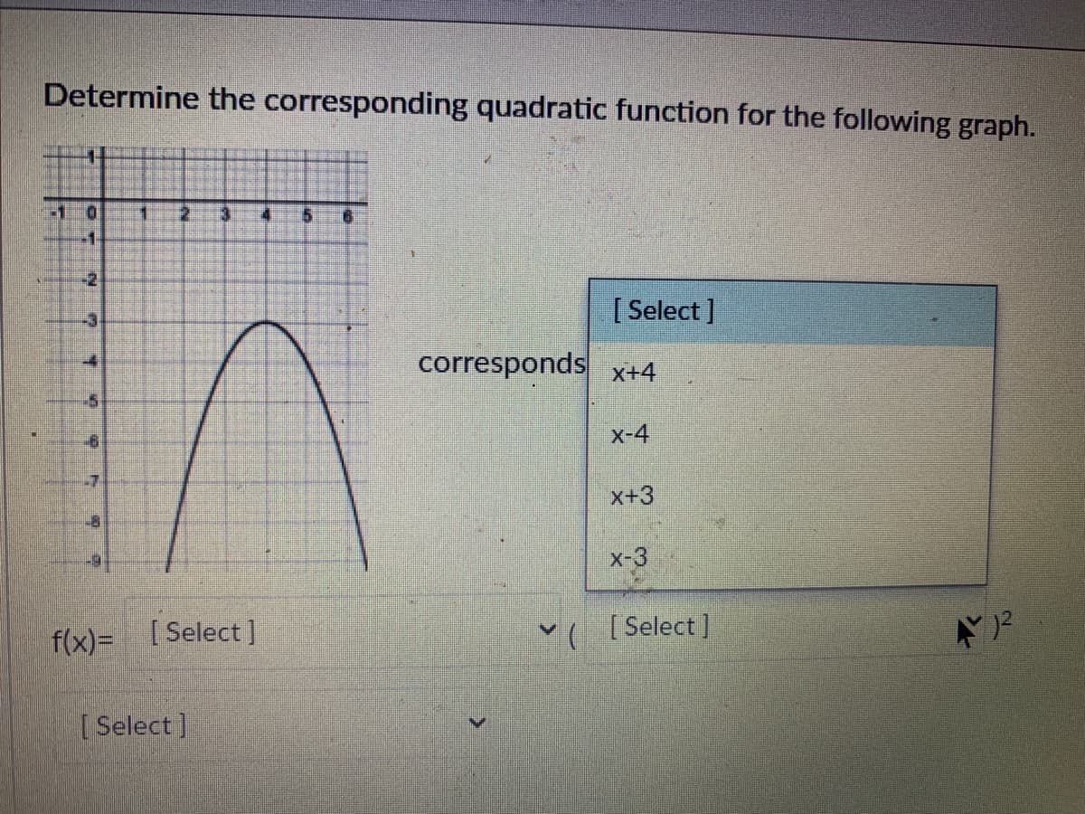 Determine the corresponding quadratic function for the following graph.
-1
-2
[ Select ]
-3
corresponds x+4
-4
-5
X-4
-7
X+3
X-3
f(x)=
[ Select ]
*( [Select]
[ Select]
