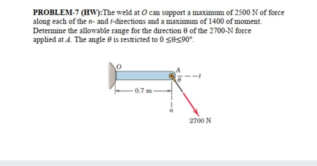 PROBLEM-7 (HW):The weld at O can support a maximum of 2500 N of force
along each of the n- and t-directions and a maximum of 1400 of moment.
Determine the allowable range for the direction 0 of the 2700-N force
applied at A. The angle 0 is restricted to 0 <e<90°.
0.7 m
2700 N
