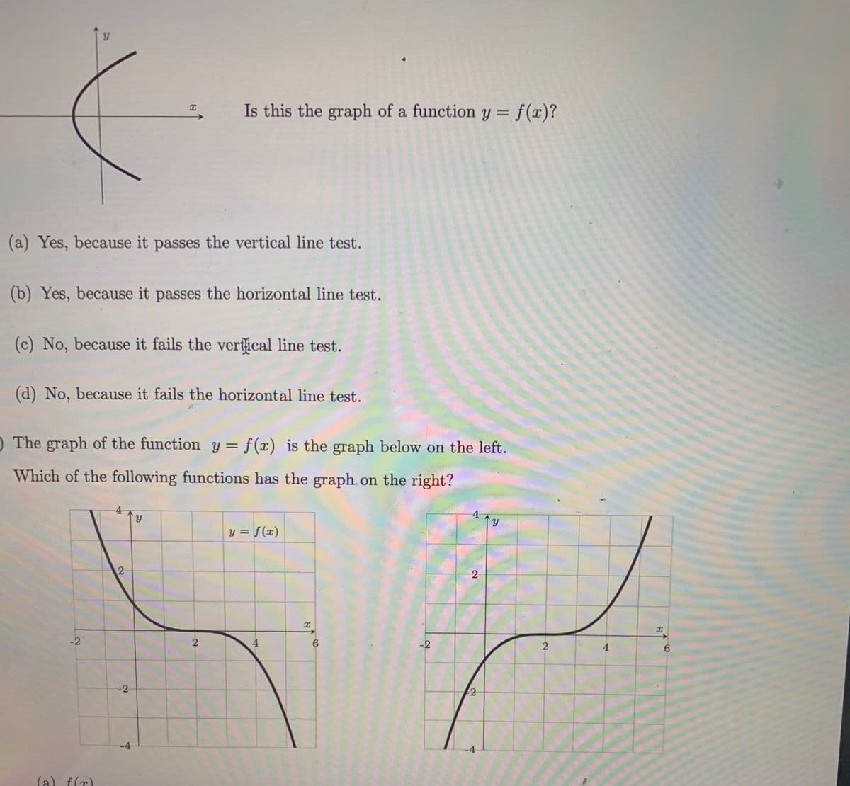 Is this the graph of a function y = f(x)?
%3D
(a) Yes, because it passes the vertical line test.
(b) Yes, because it passes the horizontal line test.
(c) No, because it fails the vertical line test.
(d) No, because it fails the horizontal lie test.
O The graph of the function y = f(x) is the graph below on the left.
%3D
Which of the following functions has the graph on the right?
4
y = f(x)
-2
6.
-2
4
6.
-2
-4
-4
(a) f(r)
2-
2.
2.
4.
2.
