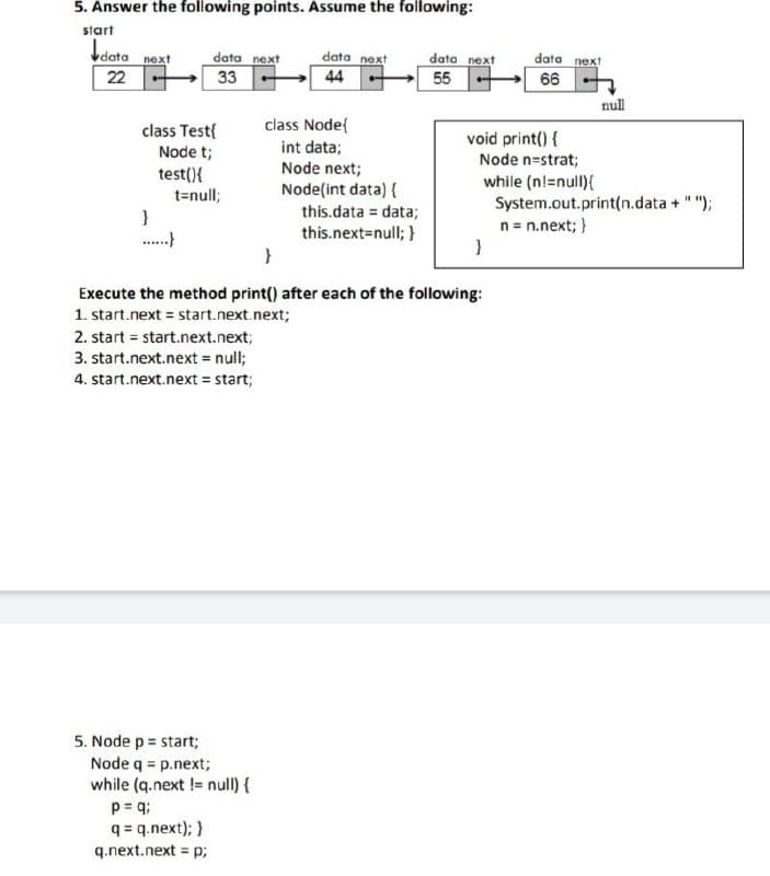 5. Answer the following points. Assume the following:
start
data
next
data next
data next
data next
44
22
33
55
class Test{
Node t;
test(){
class Node{
int data;
Node next;
Node(int data) {
data next
66
void print() {
null
Node n=strat;
while (nl=null){
System.out.print(n.data + " ");
n = n.next; }
t=null;
this.data = data;
}
this.next=null; }
}
}
Execute the method print() after each of the following:
1. start.next = start.next.next;
2. start= start.next.next;
3. start.next.next = null;
4. start.next.next = start;
5. Node p = start;
Node q = p.next;
while (q.next != null) {
p=q;
q=q.next); }
q.next.next = p;