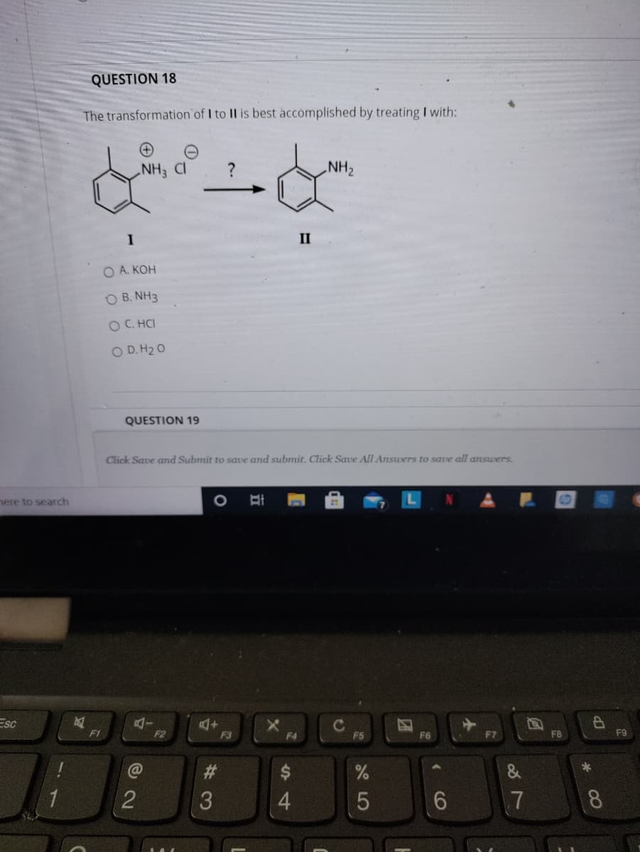 QUESTION 18
The transformation of I to II is best accomplished by treating I with:
NH3 Cl
NH2
II
O A. KOH
O B. NH3
OC. HCI
O D.H2 0
QUESTION 19
Click Save and Submit to save and submit. Click Save All Answers to save all answers.
nere to search
Esc
F1
F2
F3
F4
F5
F7
F8
F9
%23
&
1
3
7
8
CO
5
