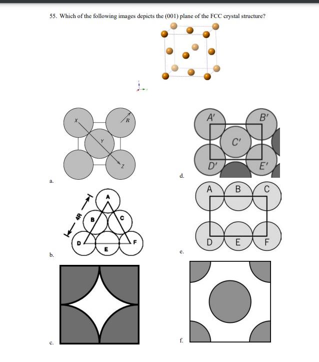 55. Which of the following images depicts the (001) plane of the FCC crystal structure?
A'
B'
D'
E'
d.
a.
A
B
C
f.
C.
E
F