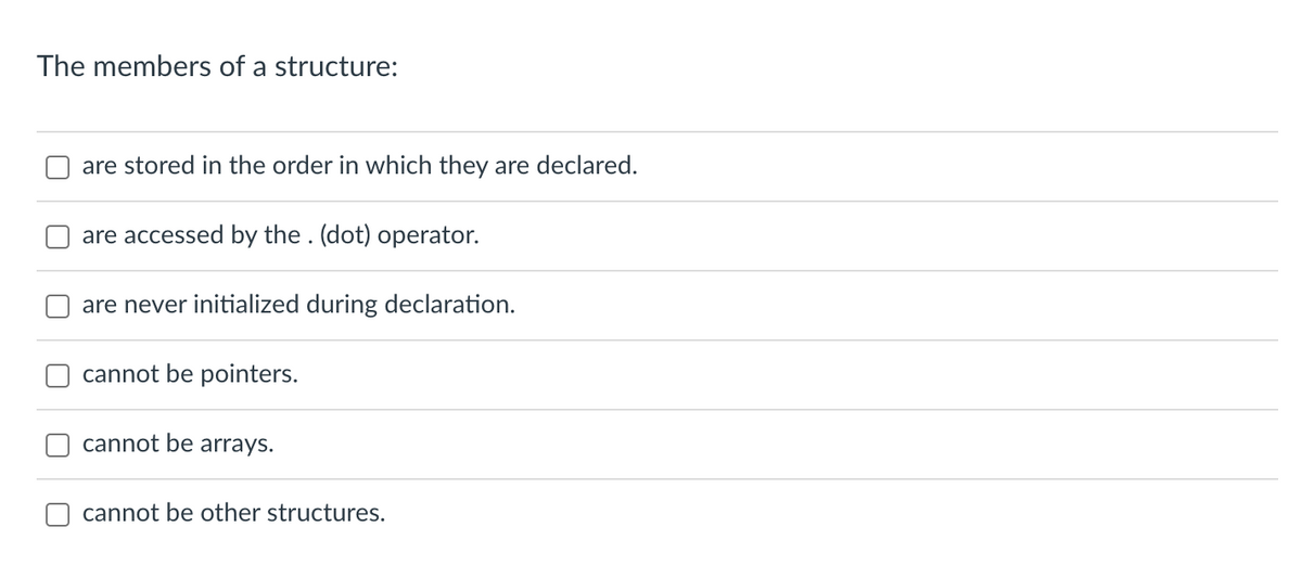 The members of a structure:
are stored in the order in which they are declared.
are accessed by the. (dot) operator.
are never initialized during declaration.
cannot be pointers.
cannot be arrays.
cannot be other structures.