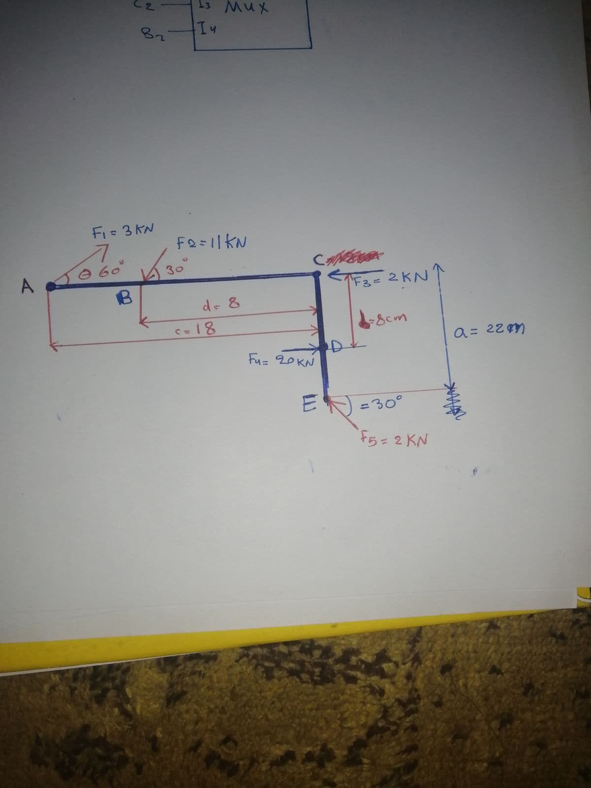 Is MuX
In
FI= 3KN
F2=11KN
60°
A
30°
'F3=2KN
de 8
Scm
a= 22m
Fu= 20KN
=30°
F5=2 KN
