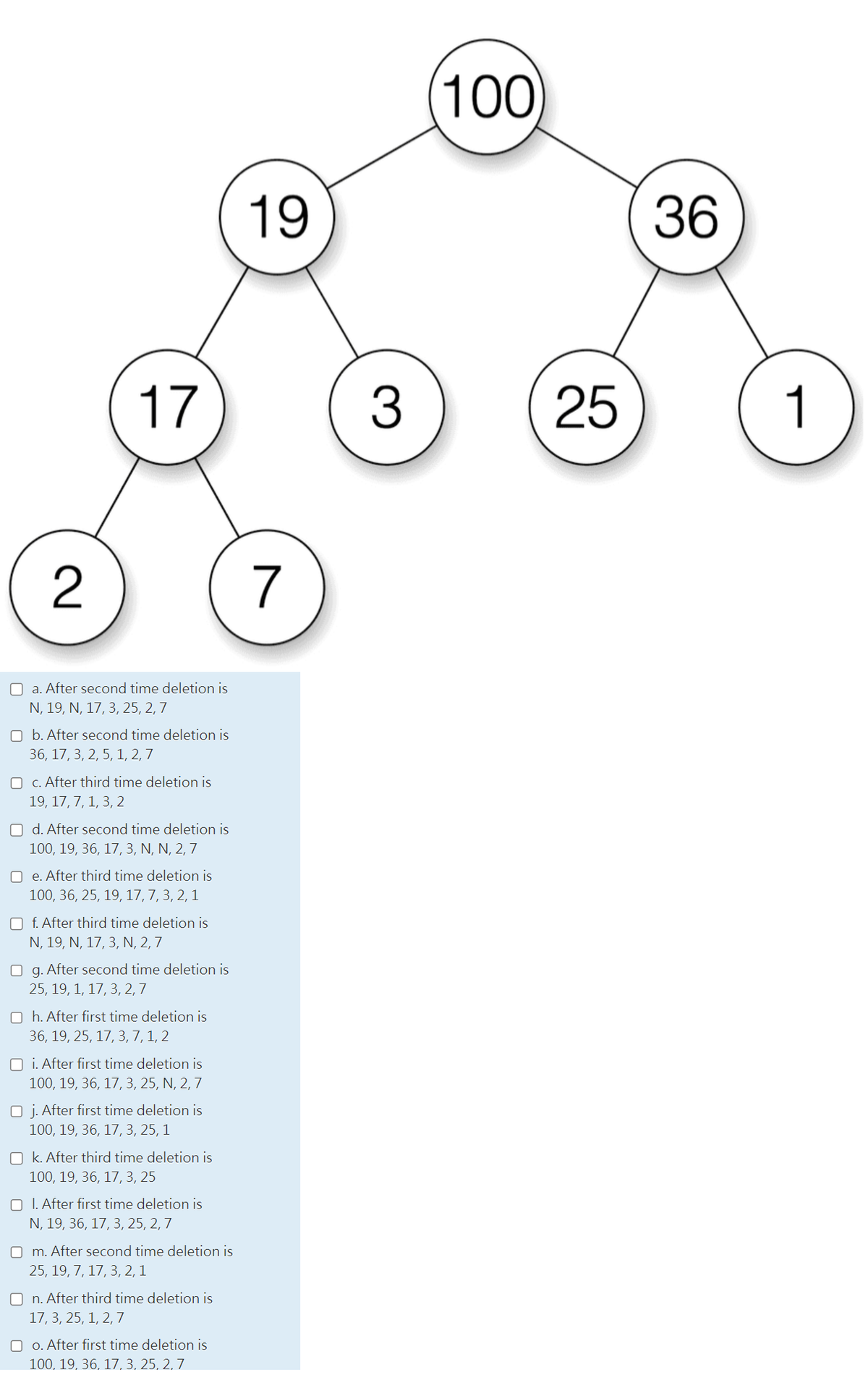 2
17
a. After second time deletion is
N, 19, N, 17, 3, 25, 2, 7
Ob. After second time deletion is
36, 17, 3, 2, 5, 1, 2, 7
c. After third time deletion is
19, 17, 7, 1, 3, 2
Od. After second time deletion is
100, 19, 36, 17, 3, N, N, 2, 7
Oe. After third time deletion is
100, 36, 25, 19, 17, 7, 3, 2, 1
O f. After third time deletion is
N, 19, N, 17, 3, N, 2, 7
Og. After second time deletion is
25, 19, 1, 17, 3, 2,7
Oh. After first time deletion is
36, 19, 25, 17, 3, 7, 1, 2
O i. After first time deletion is
100, 19, 36, 17, 3, 25, N, 2, 7
Oj. After first time deletion is
100, 19, 36, 17, 3, 25, 1
Ok. After third time deletion is
100, 19, 36, 17, 3, 25
OI. After first time deletion is
N, 19, 36, 17, 3, 25, 2, 7
Om. After second time deletion is
25, 19, 7, 17, 3, 2, 1
On. After third time deletion is
17, 3, 25, 1, 2, 7
Oo. After first time deletion is
100, 19, 36, 17, 3, 25, 2, 7
19
7
3
100)
25
36
1