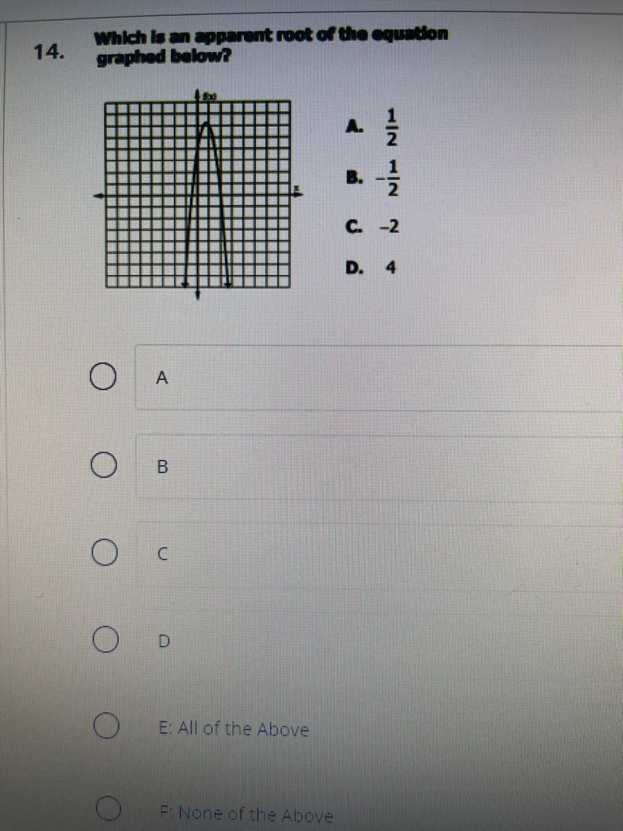 14.
Which is an apparent root of the equation
graphed below?
O
O
O
O
O
A
B
U
LAN
E: All of the Above
F: None of the Above
NNIT NIT
D. 4