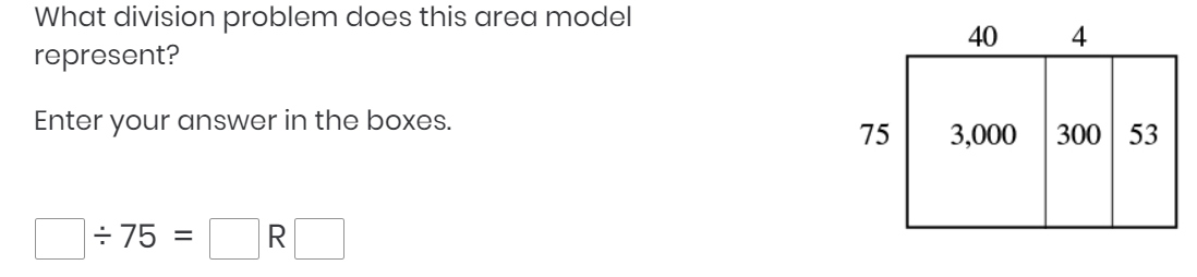 What division problem does this area model
40
4
represent?
Enter your answer in the boxes.
75
3,000
300 53
÷75 =
R
