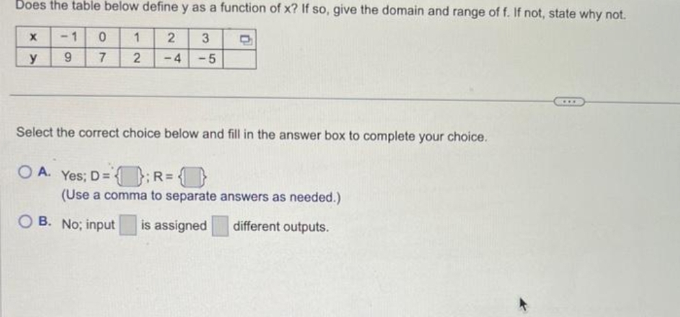 Does the table below define y as a function of x? If so, give the domain and range of f. If not, state why not.
2 3
-4 -5
X
y
<-1 0
9
7
1
2
Select the correct choice below and fill in the answer box to complete your choice.
OA. Yes; D= = }; R=4
0
(Use a comma to separate answers as needed.)
different outputs.
OB. No; input is assigned
CILE