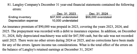 81. Langley Company's December 31 year-end financial statements contained the following
errors:
Ending inventory
Depreciation expense
Dec. 31, 2023
$37,500 understated
10,000 understated
Dec. 31, 2024
$55,000 overstated
An insurance premium of $90,000 was prepaid in 2023, covering the years 2023, 2024, and
2025. The prepayment was recorded with a debit to insurance expense. In addition, on December
31, 2024, fully depreciated machinery was sold for $47,500 cash, but the sale was not recorded
until 2025. There were no other errors during 2024 or 2025, and no corrections have been made
for any of the errors. Ignore income tax considerations. What is the total effect of the errors on
the balance of Langley's retained earnings at December 31, 2024?