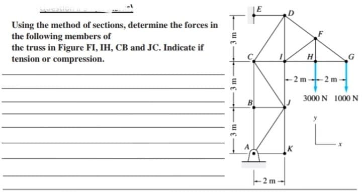 E
D
Using the method of sections, determine the forces in
the following members of
the truss in Figure FI, IH, CB and JC. Indicate if
tension or compression.
G
-2 m 2 m-
3000 N 1000 N
K
-2 m
3 m
3 m-
3 m
B.
