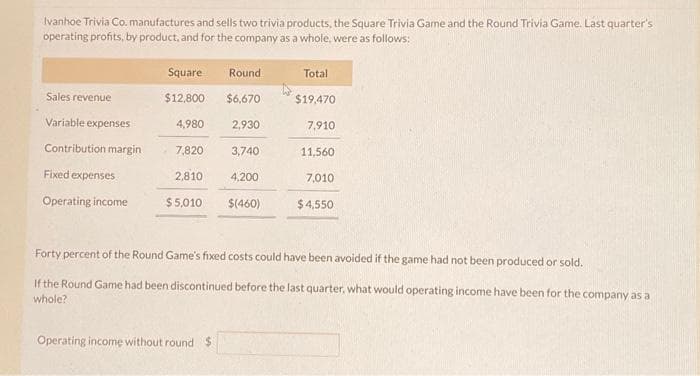 Ivanhoe Trivia Co. manufactures and sells two trivia products, the Square Trivia Game and the Round Trivia Game. Last quarter's
operating profits, by product, and for the company as a whole, were as follows:
Sales revenue
Variable expenses
Contribution margin
Fixed expenses
Operating income
Square
$12,800
$6,670
4,980 2,930
3,740
2,810 4,200
$5,010 $(460)
7,820
Round
Operating income without round $
Total
$19,470
7,910
11,560
7,010
$4,550
Forty percent of the Round Game's fixed costs could have been avoided if the game had not been produced or sold.
If the Round Game had been discontinued before the last quarter, what would operating income have been for the company as a
whole?