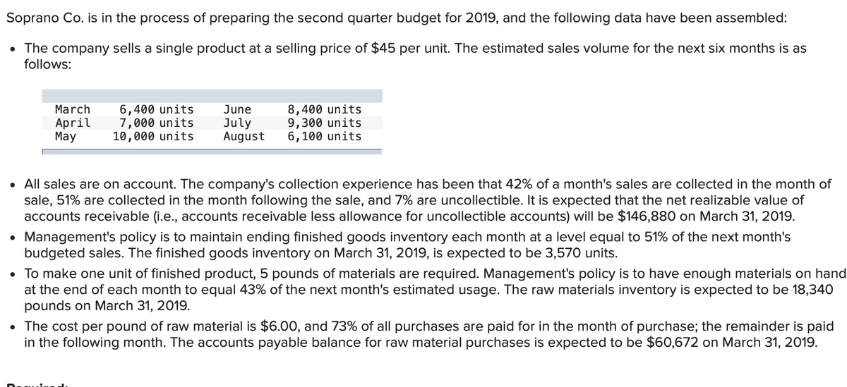 Soprano Co. is in the process of preparing the second quarter budget for 2019, and the following data have been assembled:
• The company sells a single product at a selling price of $45 per unit. The estimated sales volume for the next six months is as
follows:
6,400 units
7,000 units
10,000 units
8,400 units
9,300 units
6,100 units
March
April
Мay
June
July
August
• All sales are on account. The company's collection experience has been that 42% of a month's sales are collected in the month of
sale, 51% are collected in the month following the sale, and 7% are uncollectible. It is expected that the net realizable value of
accounts receivable (i.e., accounts receivable less allowance for uncollectible accounts) will be $146,880 on March 31, 2019.
Management's policy is to maintain ending finished goods inventory each month at a level equal to 51% of the next month's
budgeted sales. The finished goods inventory on March 31, 2019, is expected to be 3,570 units.
• To make one unit of finished product, 5 pounds of materials are required. Management's policy is to have enough materials on hand
at the end of each month to equal 43% of the next month's estimated usage. The raw materials inventory is expected to be 18,340
pounds on March 31, 2019.
• The cost per pound of raw material is $6.00, and 73% of all purchases are paid for in the month of purchase; the remainder is paid
in the following month. The accounts payable balance for raw material purchases is expected to be $60,672 on March 31, 2019.
