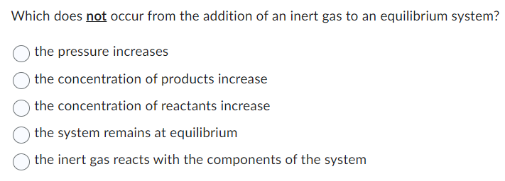 Which does not occur from the addition of an inert gas to an equilibrium system?
the pressure increases
the concentration of products increase
the concentration of reactants increase
the system remains at equilibrium
the inert gas reacts with the components of the system