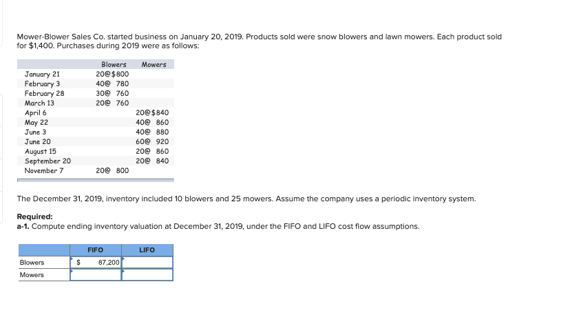 Mower-Blower Sales Co. started business on January 20, 2019. Products sold were snow blowers and lawn mowers. Each product sold
for $1,400. Purchases during 2019 were as follows:
Blowers
Mowers
January 21
February 3
February 28
20@$ 800
40e 780
30e 760
March 13
200 760
200$840
April 6
May 22
June 3
40e 860
40@ 880
June 20
600 920
August 15
September 20
November 7
200 860
200 840
200 800
The December 31, 2019, inventory included 10 blowers and 25 mowers. Assume the company uses a periodic inventory system.
Required:
a-1. Compute ending inventory valuation at December 31, 2019, under the FIFO and LIFO cost flow assumptions.
FIFO
LIFO
87,200
Blowers
Mowers
