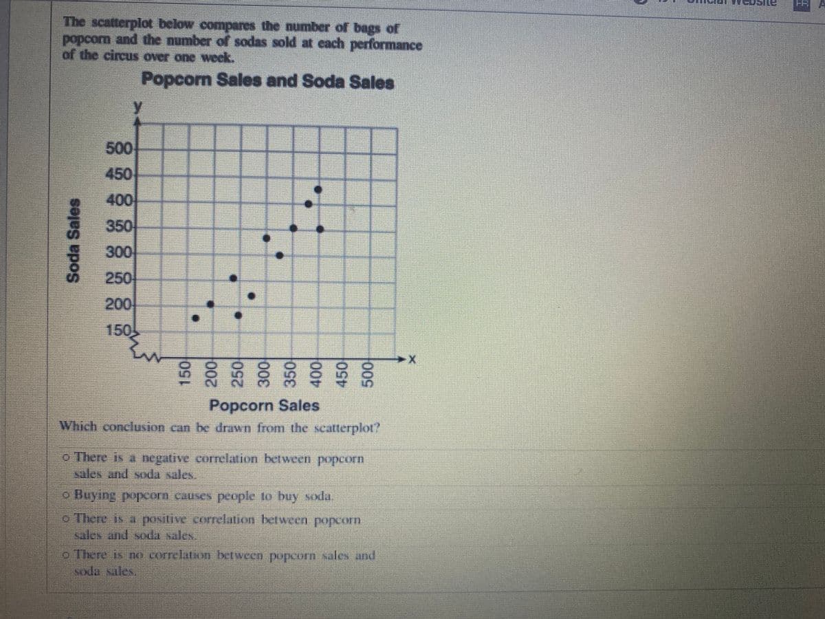 The scatterplot below compares the number of bags of
popcorn and the number of sodas sold at each performance
of the circus over one week.
Popcorn Sales and Soda Sales
500
400
350
300
250
200
150
Popcorn Sales
Whidi conclusion can be drawn from the scallerplot?
o There is a negative correlation between popeorn
aler and Soda sales.
Huying poporm.causes people to buy soda.
oThere is a positive
Nuleh and-soa sales
correlation berween popcorn
2:There is -orrelationberyeen popcorm sales and
Noda xales,
Soda Sales
