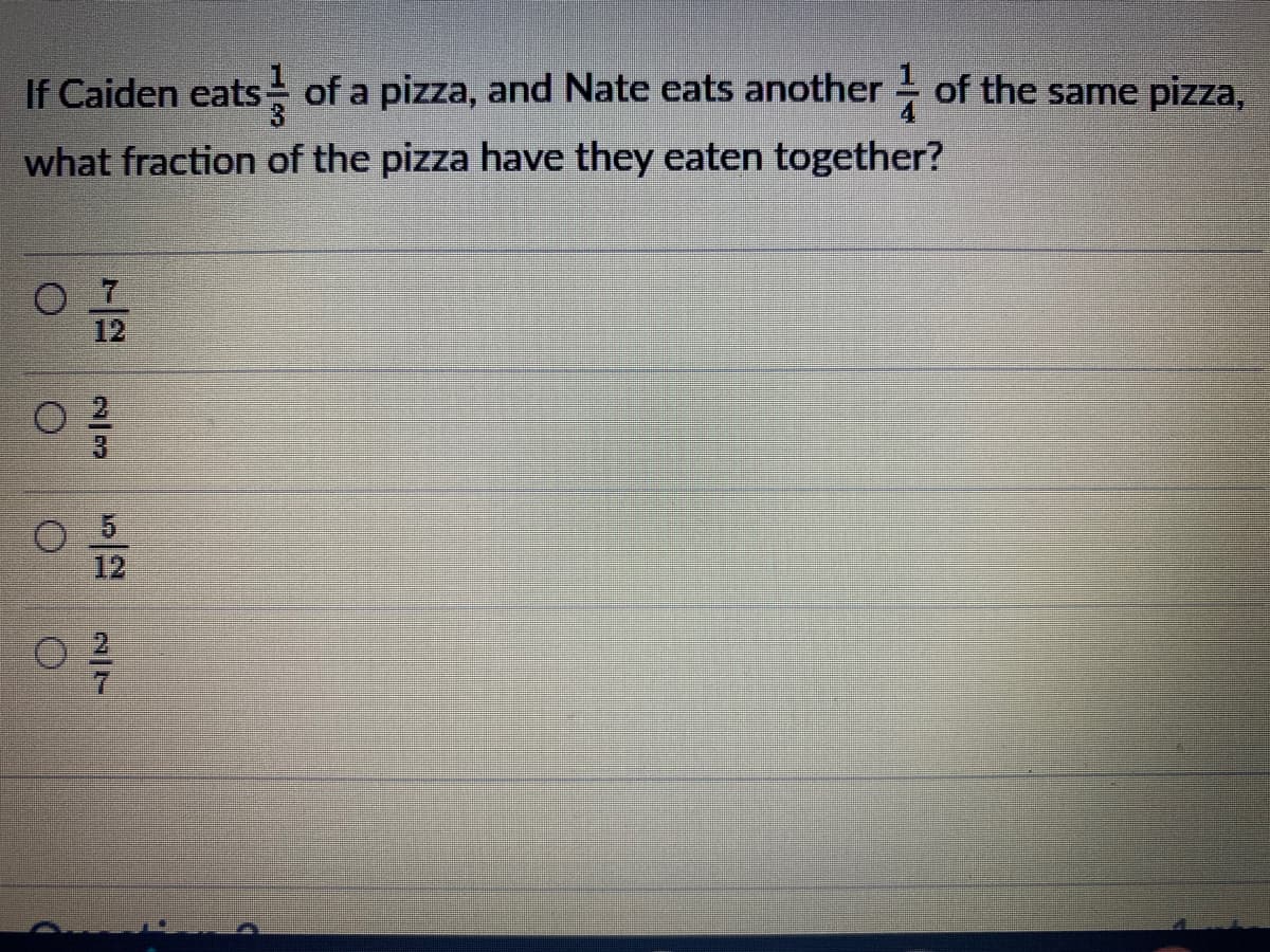 If Caiden eats of a pizza, and Nate eats another of the same pizza,
what fraction of the pizza have they eaten together?
12
12
2/3
