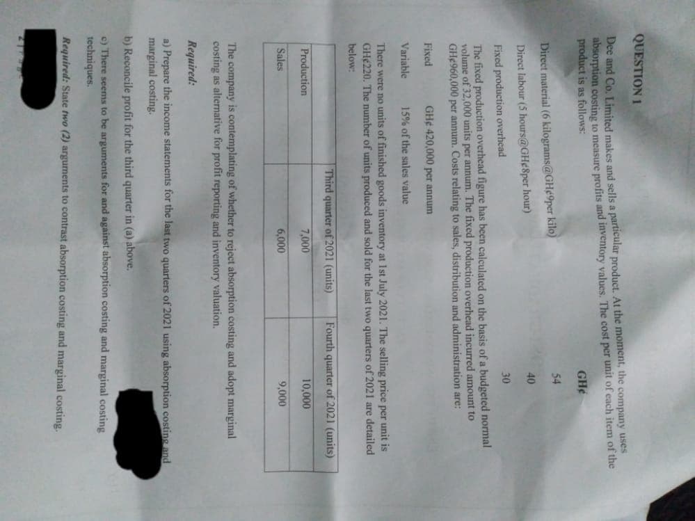 QUESTION 1
Dee and Co. Limited makes and sells a particular product. At the moment, the company uses
absorption costing to measure profits and inventory values. The cost per unit of each item of the
product is as follows:
GHe
54
Direct material (6 kilograms@GHé9per kilo)
40
Direct labour (5 hours@GHe8per hour)
30
Fixed production overhead
The fixed production overhead figure has been calculated on the basis of a budgeted normal
volume of 32,000 units per annum. The fixed production overhead incurred amount to
GHE960,000 per annum. Costs relating to sales, distribution and administration are:
Fixed
GHe 420,000 per annum
Variable
15% of the sales value
There were no units of finished goods inventory at 1st July 2021. The selling price per unit is
GHE220. The number of units produced and sold for the last two quarters of 2021 are detailed
below:
Third quarter of 2021 (units)
Fourth quarter of 2021 (units)
Production
7,000
10,000
Sales
6,000
9,000
The company is contemplating of whether to reject absorption costing and adopt marginal
costing as alternative for profit reporting and inventory valuation.
Required:
a) Prepare the income statements for the last two quarters of 2021 using absorption costing and
marginal costing.
b) Reconcile profit for the third quarter in (a) above.
c) There seems to be arguments for and against absorption costing and marginal costing
techniques.
Required: State two (2) arguments to contrast absorption costing and marginal costing.