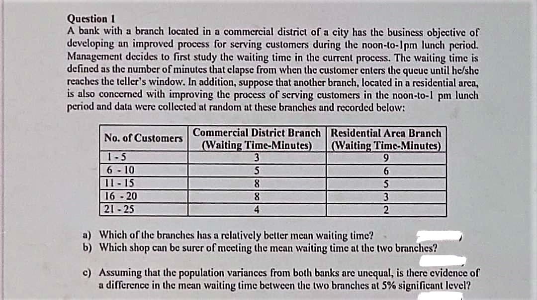 Question 1
A bank with a branch located in a commercial district of a city has the business objective of
developing an improved process for serving customers during the noon-to-1pm lunch period.
Management decides to first study the waiting time in the current process. The waiting time is
defined as the number of minutes that clapse from when the customer enters the queue until he/she
reaches the teller's window. In addition, suppose that another branch, located in a residential area,
is also concerned with improving the process of serving customers in the noon-to-1 pm lunch
period and data were collected at random at these branches and recorded below:
No. of Customers
1-5
6-10
11-15
16-20
21-25
Commercial District Branch Residential Area Branch
(Waiting Time-Minutes) (Waiting Time-Minutes)
3
5
8
8
4
9
6
5
3
2
a) Which of the branches has a relatively better mean waiting time?
b) Which shop can be surer of meeting the mean waiting time at the two branches?
c) Assuming that the population variances from both banks are unequal, is there evidence of
a difference in the mean waiting time between the two branches at 5% significant level?