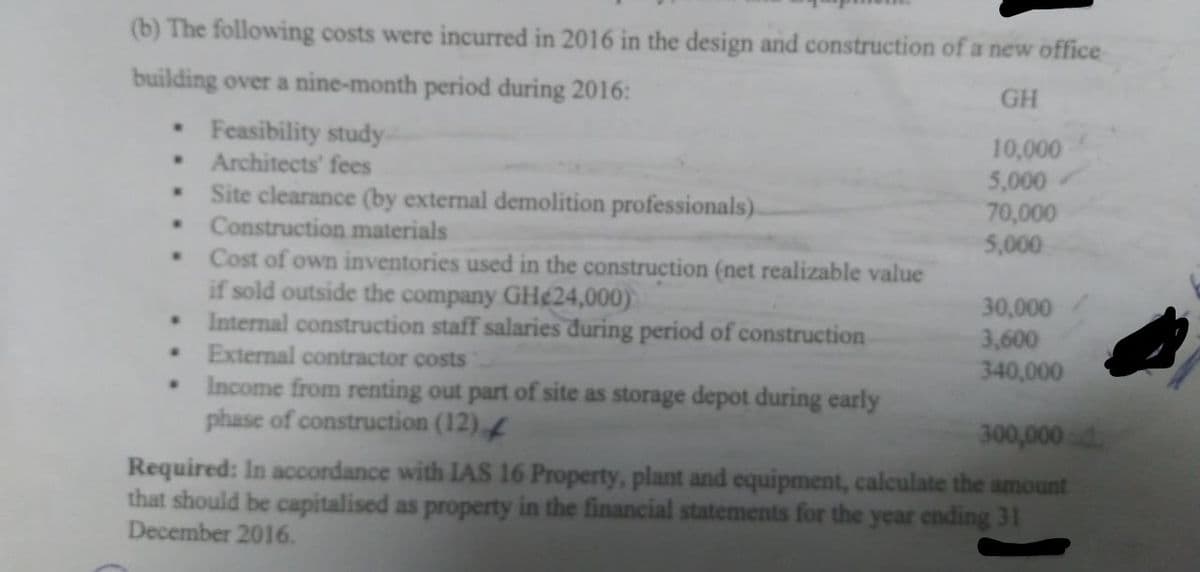 (b) The following costs were incurred in 2016 in the design and construction of a new office
building over a nine-month period during 2016:
GH
. Feasibility study-
. Architects' fees
W
.
.
.
Site clearance (by external demolition professionals).
Construction materials
Cost of own inventories used in the construction (net realizable value
if sold outside the company GH24,000)
Internal construction staff salaries during period of construction
External contractor costs
Income from renting out part of site as storage depot during early
phase of construction (12)
10,000
5,000
70,000
5,000
30,000
3,600
340,000
300,000
Required: In accordance with IAS 16 Property, plant and equipment, calculate the amount
that should be capitalised as property in the financial statements for the year ending 31
December 2016.