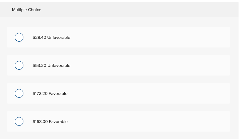 Multiple Choice
$29.40 Unfavorable
$53.20 Unfavorable
$172.20 Favorable
$168.00 Favorable
