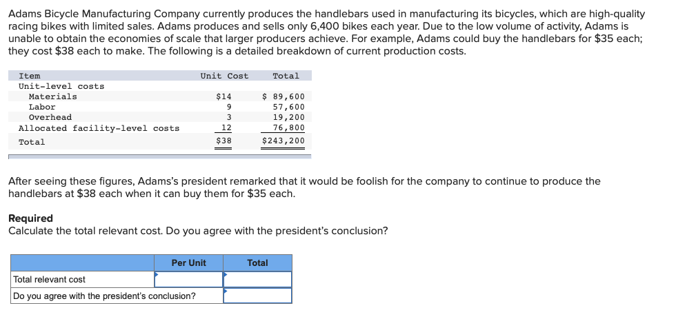 Adams Bicycle Manufacturing Company currently produces the handlebars used in manufacturing its bicycles, which are high-quality
racing bikes with limited sales. Adams produces and sells only 6,400 bikes each year. Due to the low volume of activity, Adams is
unable to obtain the economies of scale that larger producers achieve. For example, Adams could buy the handlebars for $35 each;
they cost $38 each to make. The following is a detailed breakdown of current production costs.
Item
Unit Cost
Total
Unit-level costs
Materials
$14
$ 89,600
Labor
57,600
19,200
9
Overhead
Allocated facility-level costs
12
76,800
Total
$38
$243,200
After seeing these figures, Adams's president remarked that it would be foolish for the company to continue to produce the
handlebars at $38 each when it can buy them for $35 each.
Required
Calculate the total relevant cost. Do you agree with the president's conclusion?
Per Unit
Total
Total relevant cost
Do you agree with the president's conclusion?
