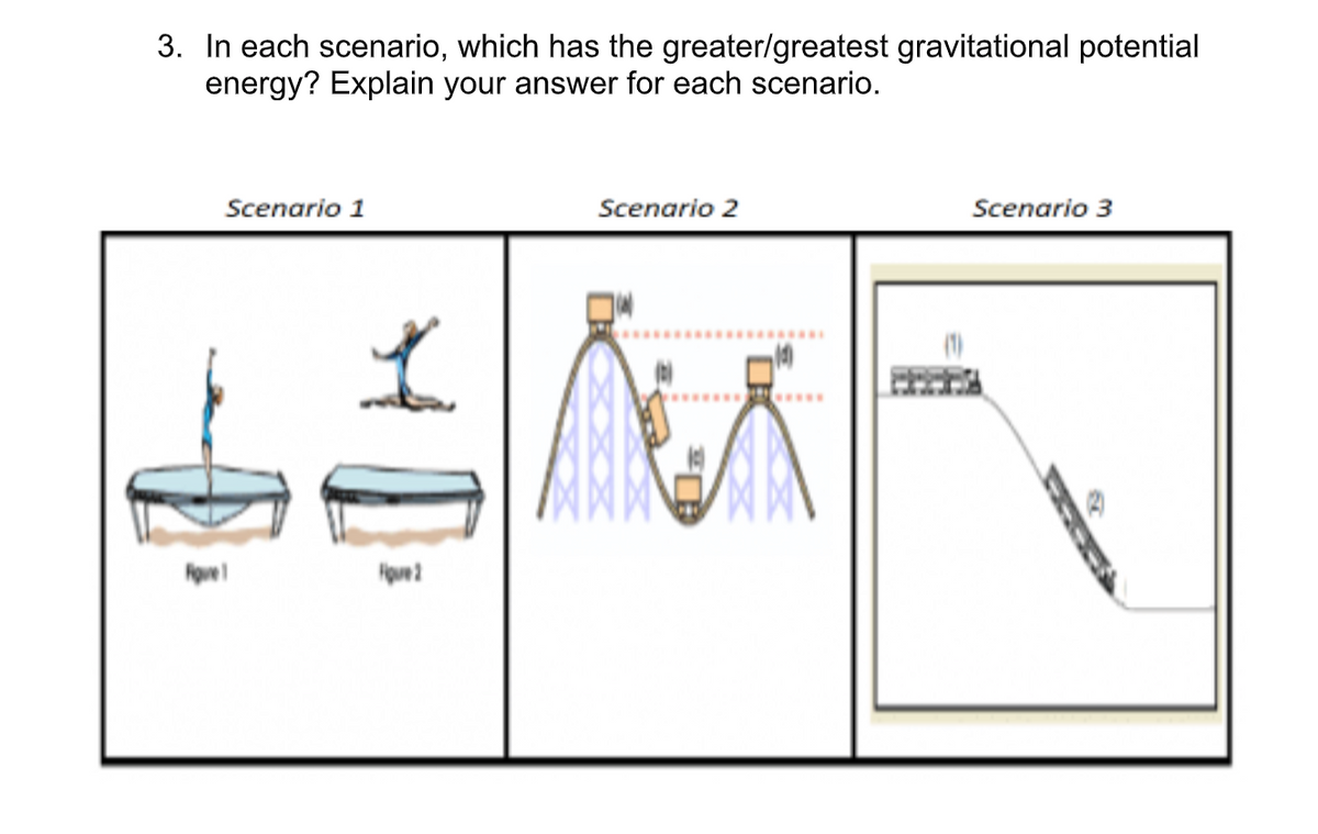 3. In each scenario, which has the greater/greatest gravitational potential
energy? Explain your answer for each scenario.
Scenario 1
Scenario 2
Scenario 3
