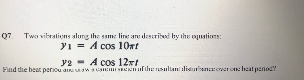 Q7.
Two vibrations along the same line are described by the equations:
yi = A cos 10mt
%3D
y2 = A cos 12nt
Find the beat periou anu uraw a careiuI Skeich of the resultant disturbance over one beat period?
