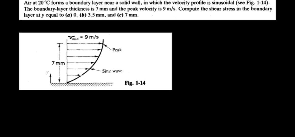 Air at 20 °C forms a boundary layer near a solid wall, in which the velocity profile is sinusoidal (see Fig. 1-14).
The boundary-layer thickness is 7 mm and the peak velocity is 9 m/s. Compute the shear stress in the boundary
layer at y equal to (a) 0, (b) 3.5 mm, and (c) 7 mm.
7 mm
Vmax
= 9 m/s
Peak
Sine wave
Fig. 1-14