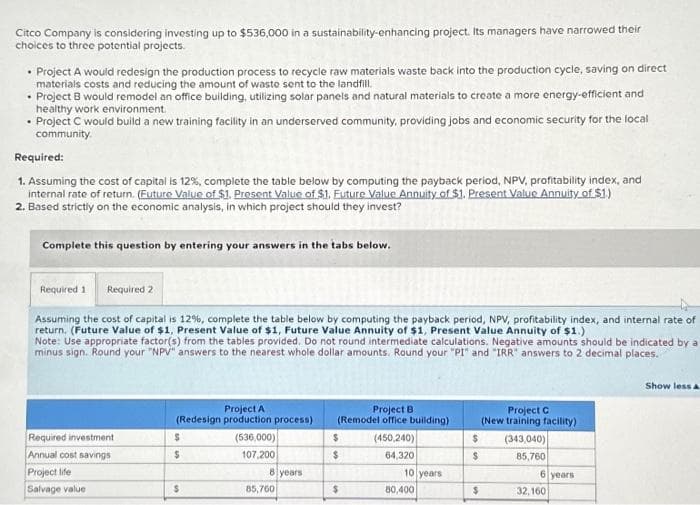 Citco Company is considering investing up to $536,000 in a sustainability-enhancing project. Its managers have narrowed their
choices to three potential projects.
• Project A would redesign the production process to recycle raw materials waste back into the production cycle, saving on direct
materials costs and reducing the amount of waste sent to the landfill.
• Project B would remodel an office building, utilizing solar panels and natural materials to create a more energy-efficient and
healthy work environment.
• Project C would build a new training facility in an underserved community, providing jobs and economic security for the local
community.
Required:
1. Assuming the cost of capital is 12%, complete the table below by computing the payback period, NPV, profitability index, and
internal rate of return. (Future Value of $1. Present Value of $1. Future Value Annuity of $1. Present Value Annuity of $1.)
2. Based strictly on the economic analysis, in which project should they invest?
Complete this question by entering your answers in the tabs below.
Required 1
Assuming the cost of capital is 12%, complete the table below by computing the payback period, NPV, profitability index, and internal rate of
return. (Future Value of $1, Present Value of $1, Future Value Annuity of $1, Present Value Annuity of $1.)
Note: Use appropriate factor(s) from the tables provided. Do not round intermediate calculations. Negative amounts should be indicated by a
minus sign. Round your "NPV" answers to the nearest whole dollar amounts. Round your "PI" and "IRR" answers to 2 decimal places.
Required 2
Required investment
Annual cost savings
Project life
Salvage value
Project A
(Redesign production process)
$
$
$
(536,000)
107,200
8 years
85,760
Project B
(Remodel office building)
$
$
$
(450,240)
64,320
10 years
80,400
$
$
$
Project C
(New training facility)
(343,040)
85,760
6 years
32,160
Show less A