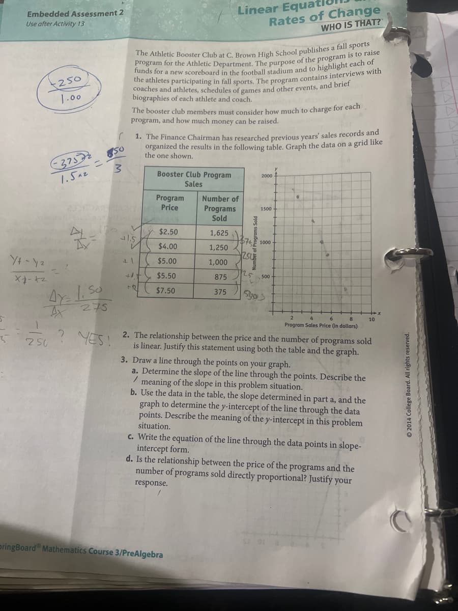 Embedded Assessment 2
Use after Activity 13
Y4-y2
X-42
250
1.00
250
37572
1.5x2
4
Aye
Ax
850
3
So
275
? YES!
The Athletic Booster Club at C. Brown High School publishes a fall sports
program for the Athletic Department. The purpose of the program is to raise
funds for a new scoreboard in the football stadium and to highlight each of
the athletes participating in fall sports. The program contains interviews with
coaches and athletes, schedules of games and other events, and brief
biographies of each athlete and coach.
The booster club members must consider how much to charge for each
program, and how much money can be raised.
C
1. The Finance Chairman has researched previous years' sales records and
organized the results in the following table. Graph the data on a grid like
the one shown.
1.5
41
Apt
TR
Booster Club Program
Sales
Program
Price
Linear Equat
$2.50
$4.00
$5.00
$5.50
$7.50
Number of
Programs
Sold
1,625\
1,250
1,000
875
375
bring Board Mathematics Course 3/PreAlgebra
$76.
2.SUB
Rates of Change
WHO IS THAT?
25
2000
1500
1000-
500-
Ayos
G
8
Program Sales Price (in dollars)
2. The relationship between the price and the number of programs sold
is linear. Justify this statement using both the table and the graph.
3. Draw a line through the points on your graph.
a. Determine the slope of the line through the points. Describe the
meaning of the slope in this problem situation.
/
b. Use the data in the table, the slope determined in part a, and the
graph to determine the y-intercept of the line through the data
points. Describe the meaning of the y-intercept in this problem
situation.
c. Write the equation of the line through the data points in slope-
intercept form.
d. Is the relationship between the price of the programs and the
number of programs sold directly proportional? Justify your
response.
10
2014 College Board. All rights reserved.