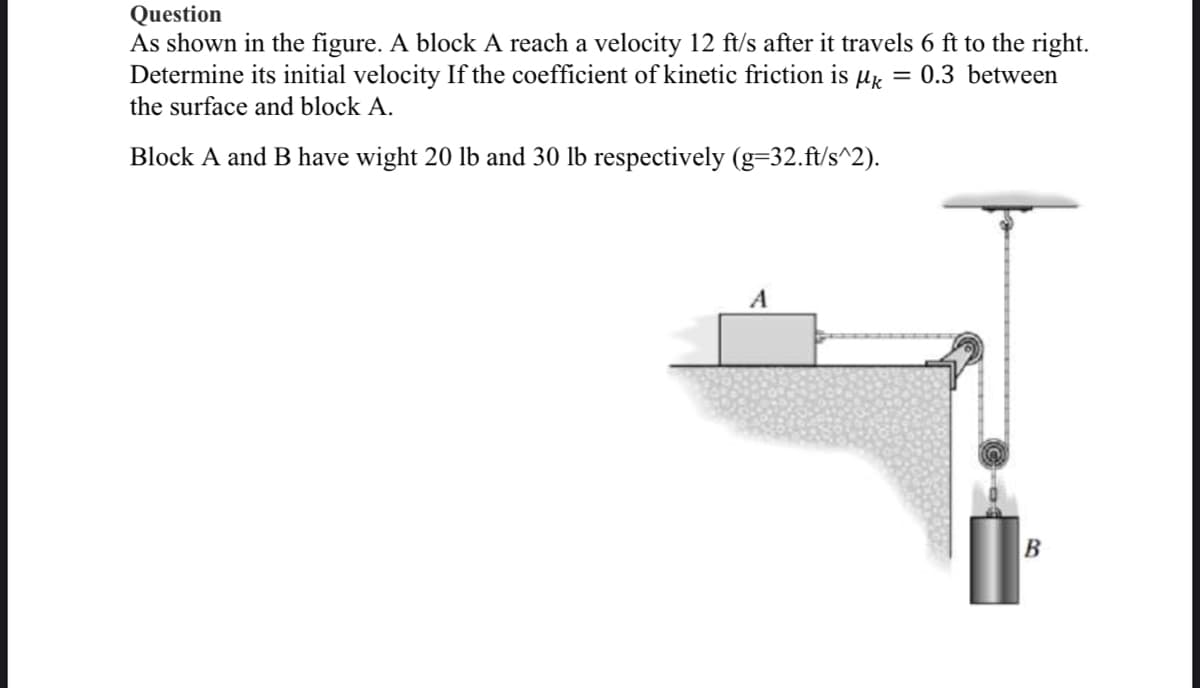 Question
As shown in the figure. A block A reach a velocity 12 ft/s after it travels 6 ft to the right.
Determine its initial velocity If the coefficient of kinetic friction is µx = 0.3 between
the surface and block A.
Block A and B have wight 20 lb and 30 lb respectively (g=32.ft/s^2).
B
