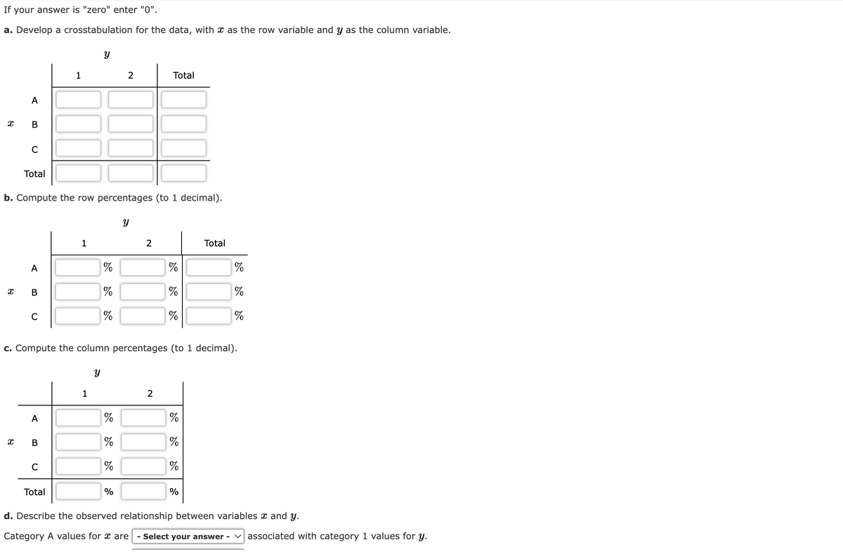 If your answer is "zero" enter "0".
a. Develop a crosstabulation for the data, with x as the row variable and y as the column variable.
X
A
X
B
C
Total
A
B
1
b. Compute the row percentages (to 1 decimal).
C
Y
1
2
%
%
%
2
Total
%
%
%
2
%
do do
c. Compute the column percentages (to 1 decimal).
%
Total
Y
1
A
%
#
B
%
C
%
Total
%
d. Describe the observed relationship between variables and y.
Category A values for x are - Select your answer - ✓associated with category 1 values for y.
%
%
%
do do
%
%