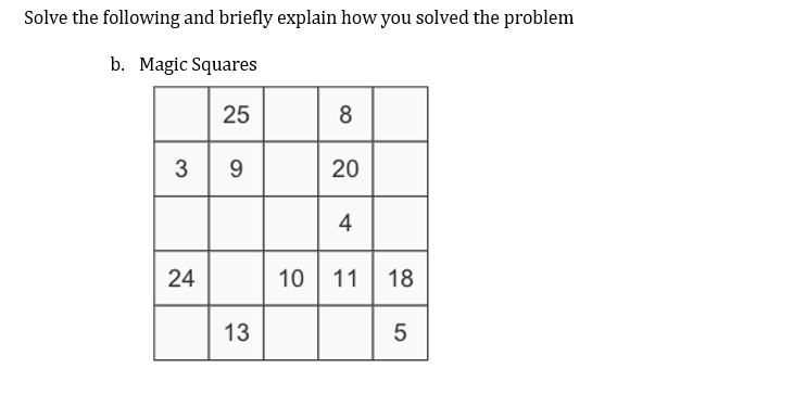 Solve the following and briefly explain how you solved the problem
b. Magic Squares
25
3 9
20
4
24
10
11| 18
13
